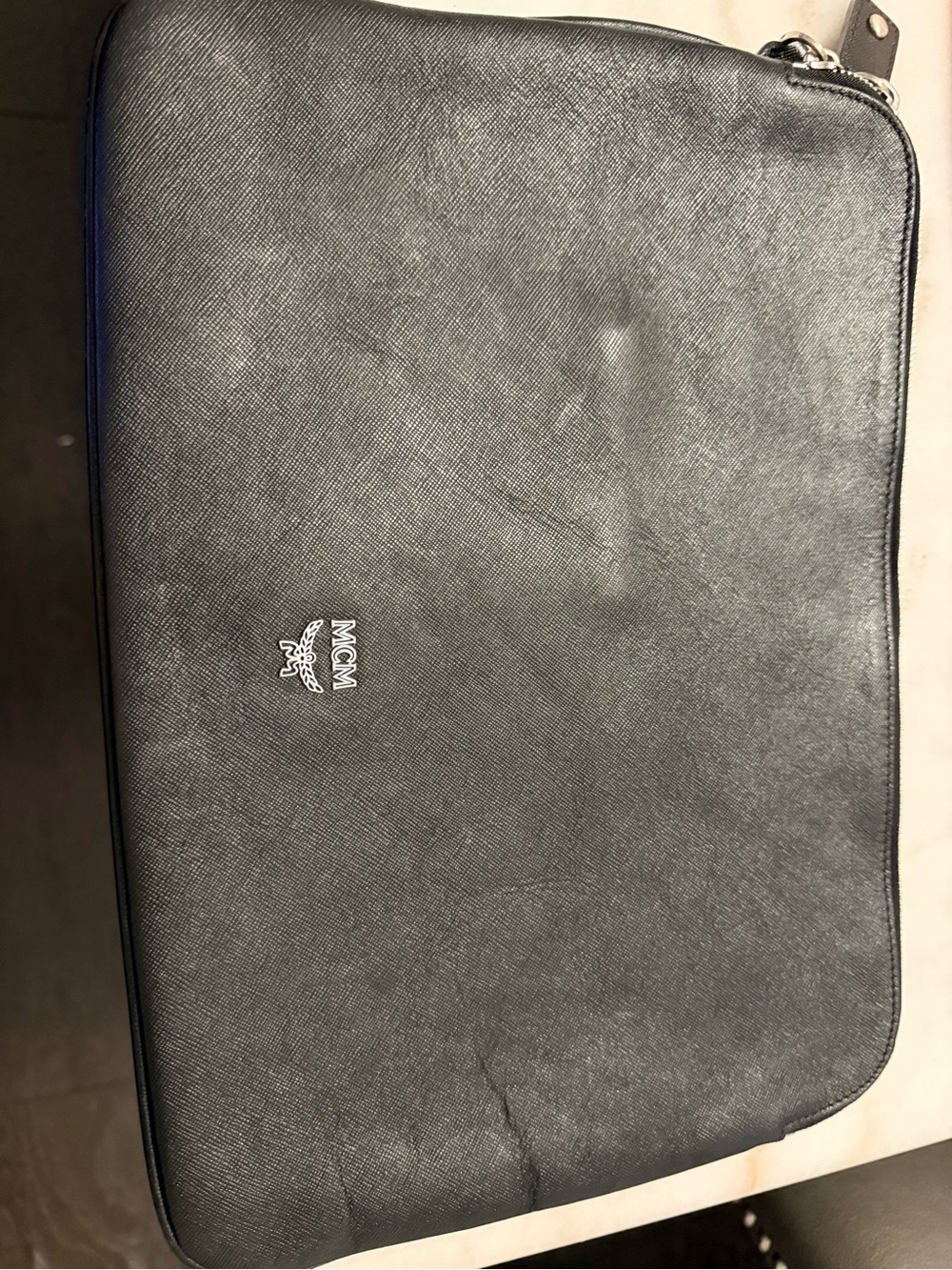 MCM Black Leather Laptop Sleeve with Silver Logo